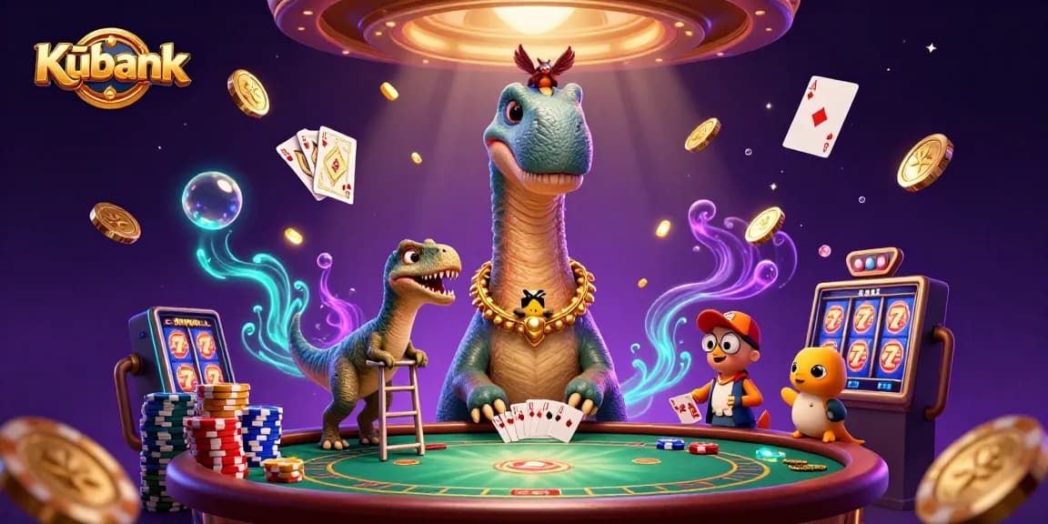 Kubank enhances gaming with a giant dinosaur overseeing a thrilling poker game, amidst sparkling coins and vibrant chips.