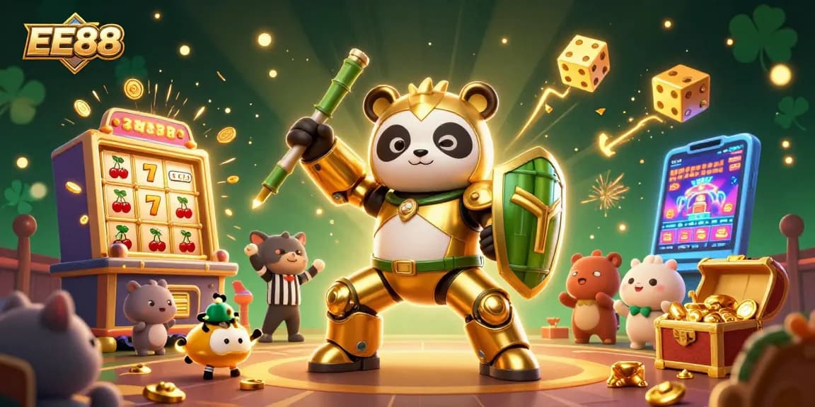 Spin to win with EE88's vibrant 3D casino scene featuring a golden panda and dynamic jackpots.