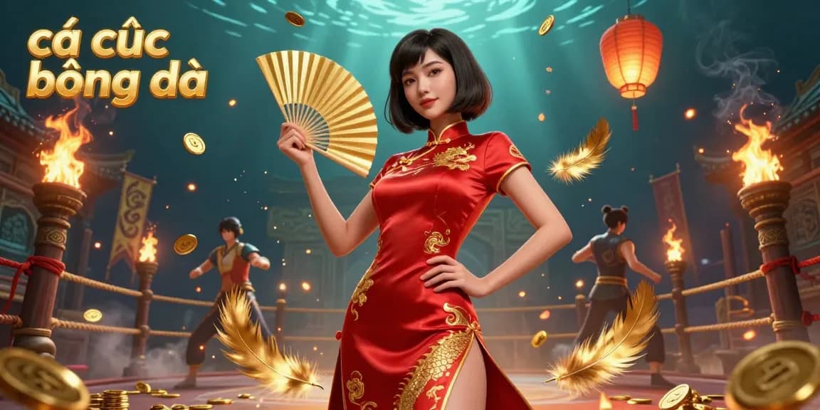 Cá cược bóng đá lively scene with Asian lady in qipao and betting elements.