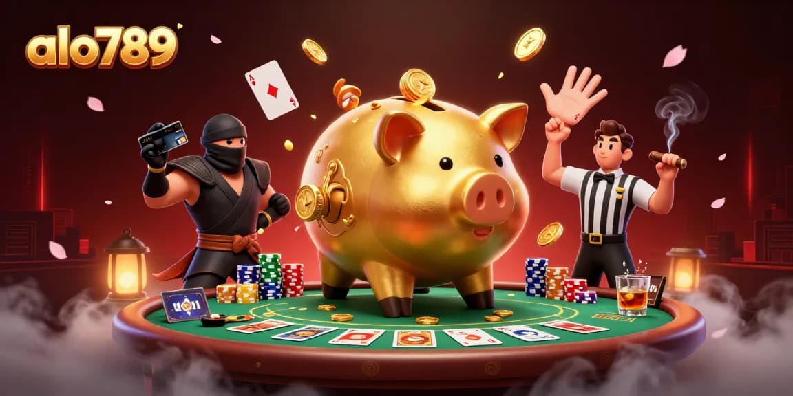 Alo789 showcases a dynamic poker scene with colorful chips and a vibrant design featuring characters like a sumo wrestler and a ninja.