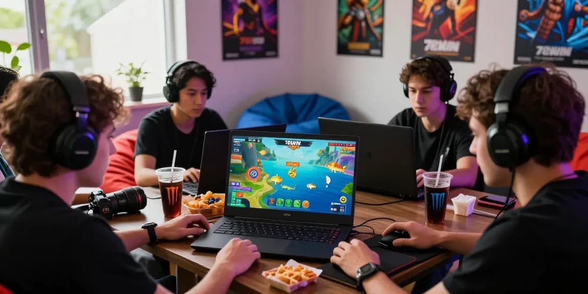 78win online gaming scene with friends enjoying a fishing game.