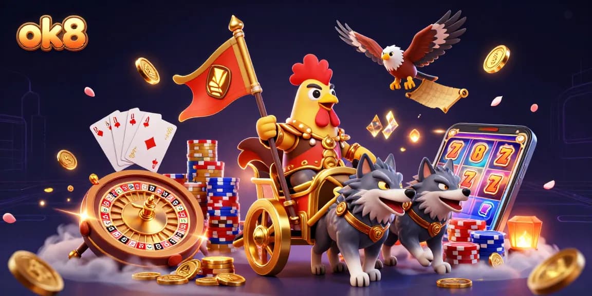 Experience thrilling jackpots at ok8 with a vibrant casino scene featuring battling characters and glimmering coins.