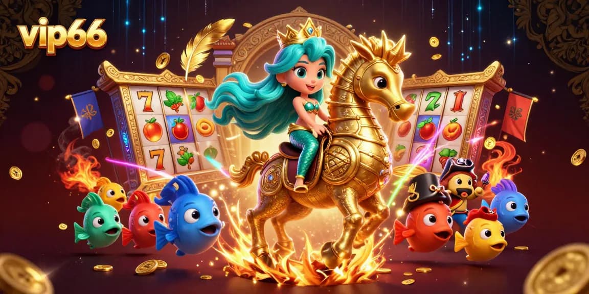 Experience thrilling slot adventures with vip66's vibrant cartoon casino scene.
