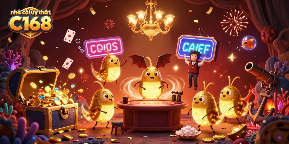 Experience the vibrant world of nhà cái uy tín C168 with a magical 3D casino scene filled with glowing characters and treasures.