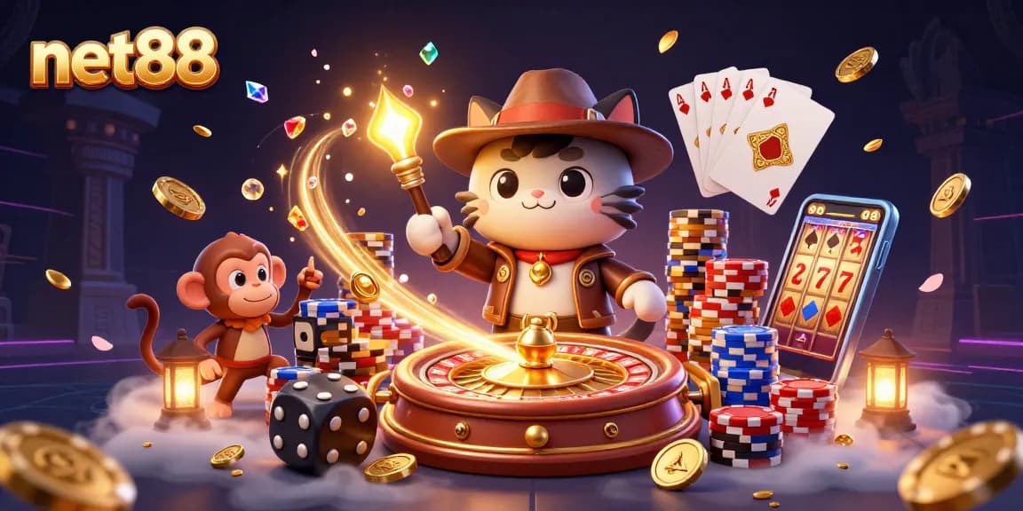 net88 showcases an adventurous cat archaeologist discovering casino treasures with vibrant casino elements.