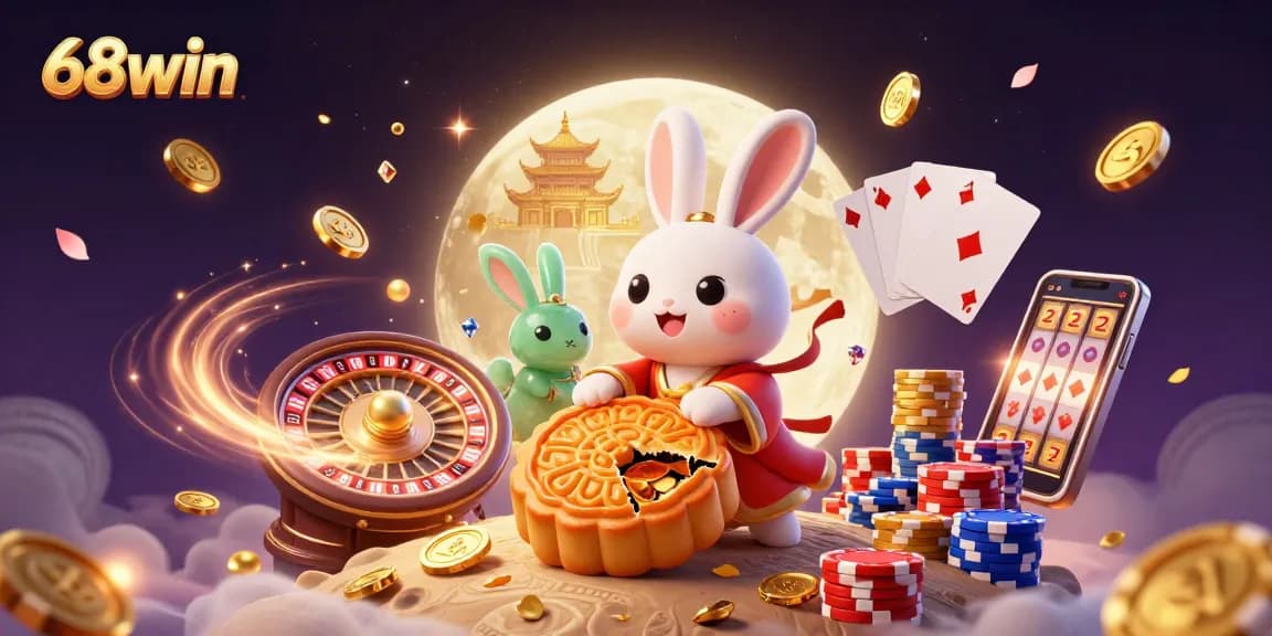 Experience the excitement of 68win with a vibrant 3D illustration featuring Chinese folklore and casino elements.