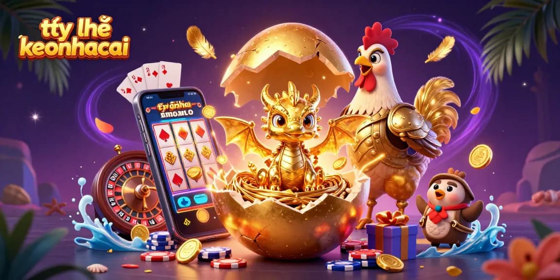 Engage in the thrilling world of tỷ lệ keonhacai with a sparkling illustration showcasing golden eggs, vibrant slots, and dynamic casino elements.