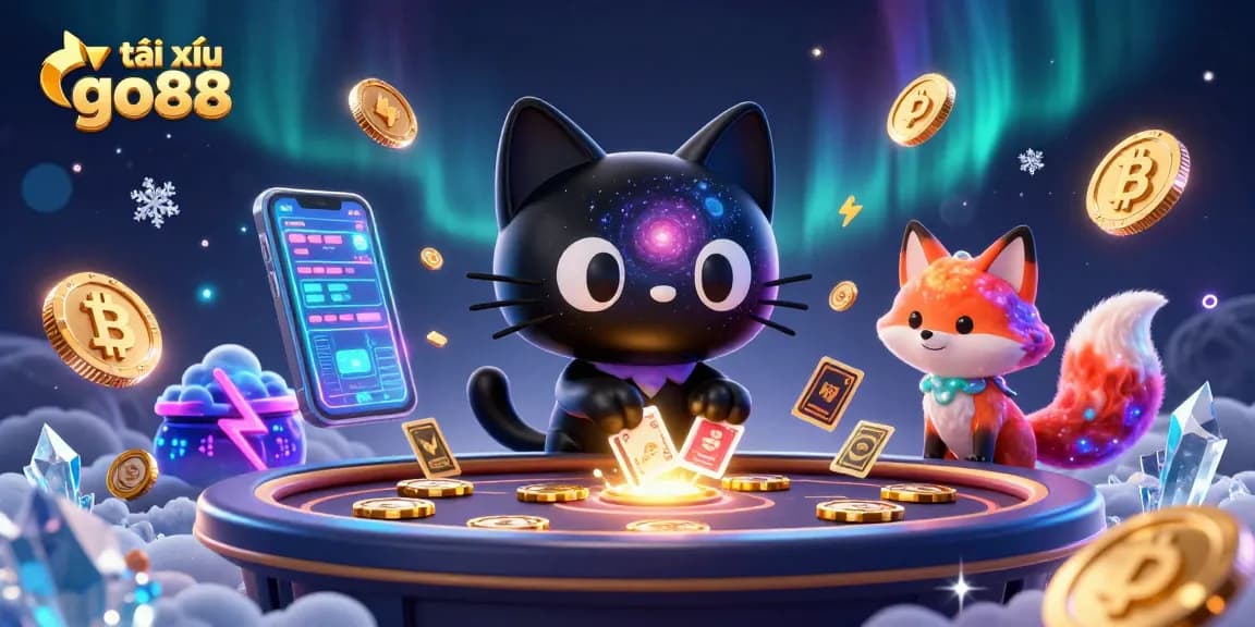 Play tài xỉu go88 with engaging characters in a dynamic cosmic scene, showcasing casino elements.