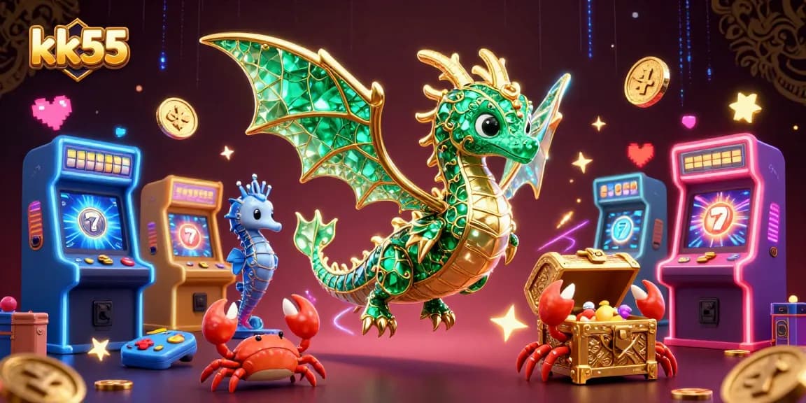 Engage with the colorful world of kk55, featuring vibrant arcade elements and a majestic sea dragon in a casino scene.