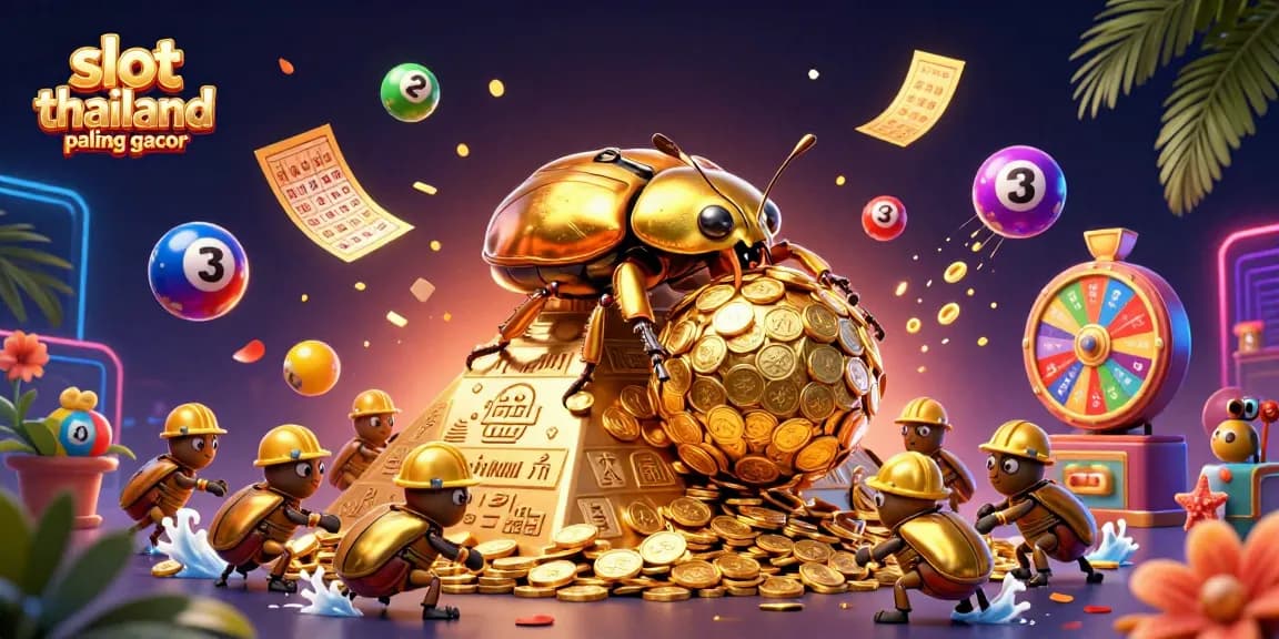 Experience the excitement of slot thailand paling gacor as the golden dung beetle rolls winning coins in this vibrant digital illustration.