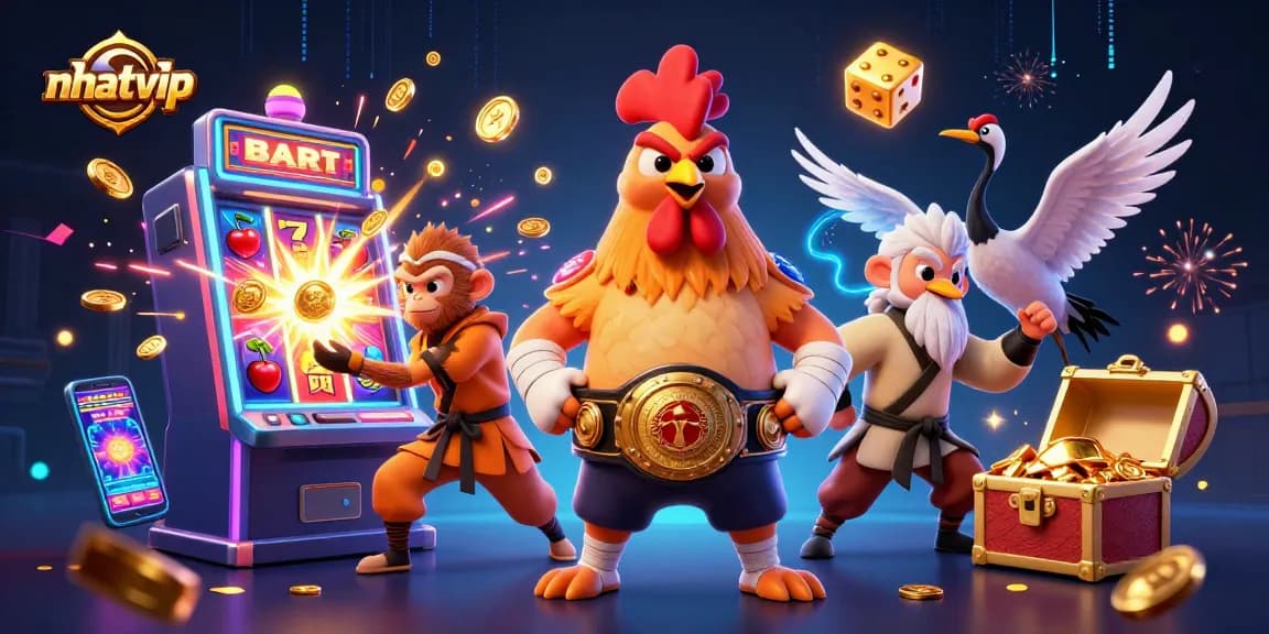 Experience thrilling gameplay at Nhatvip with a vibrant 3D illustration of casino excitement featuring dynamic characters and slot machines.