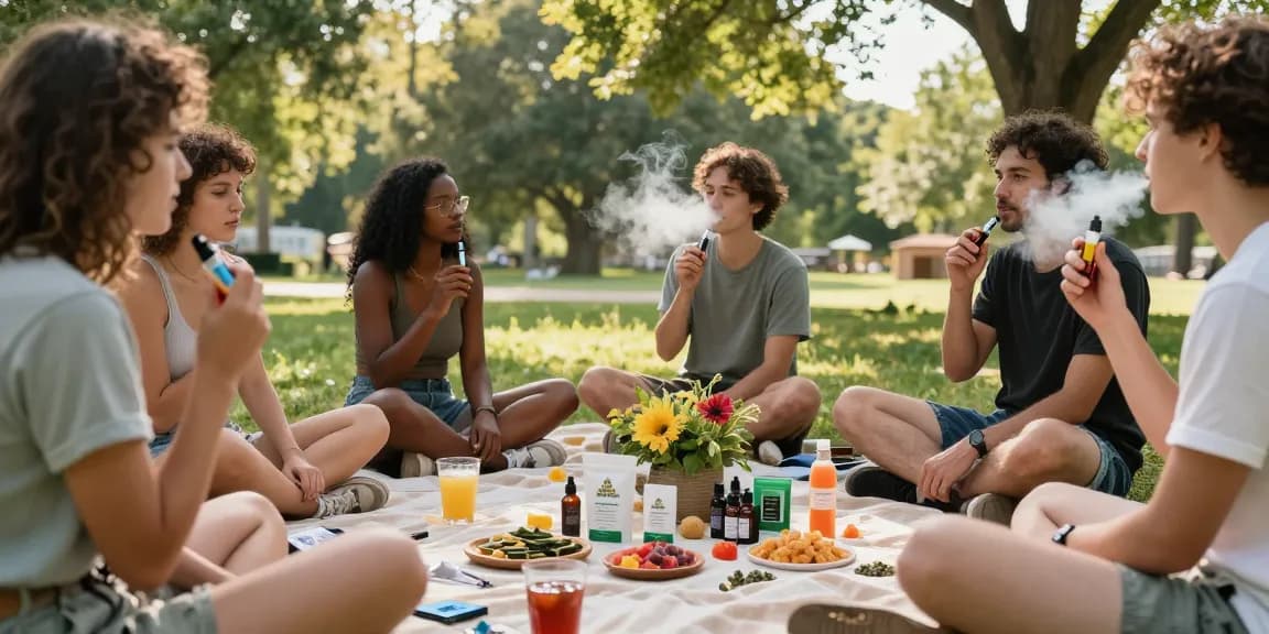 thc vape uk scene with friends enjoying organic wellness products in nature