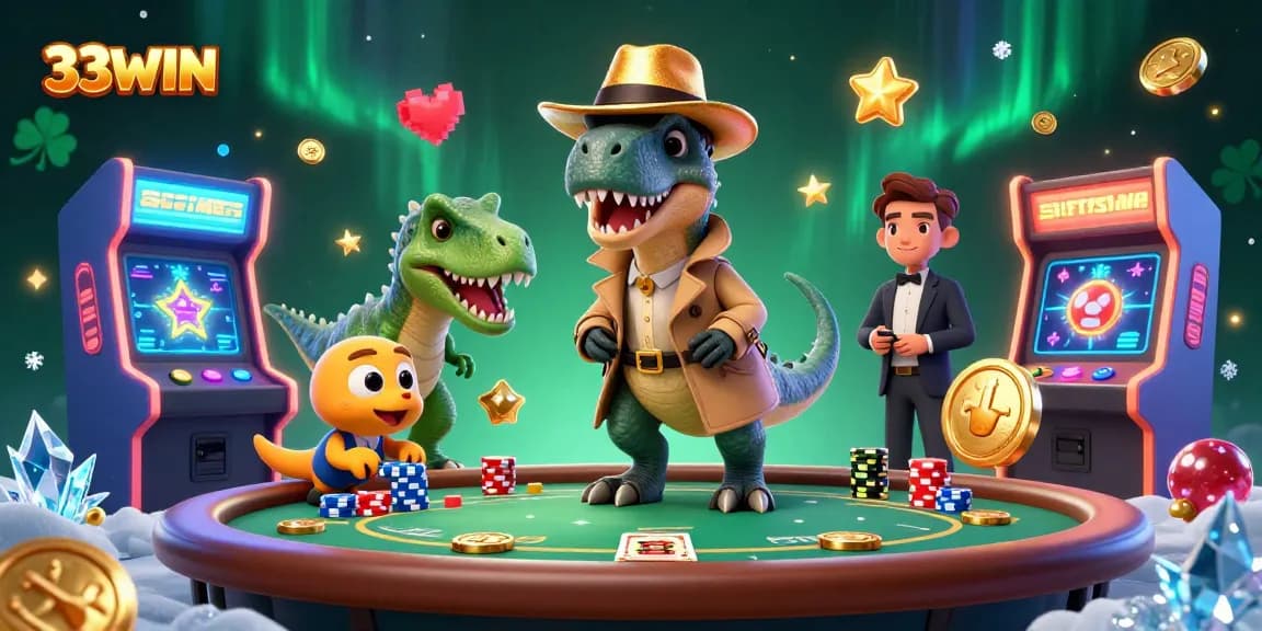 Engage in thrilling 33WIN casino action with a sly velociraptor and detailed gaming scene.