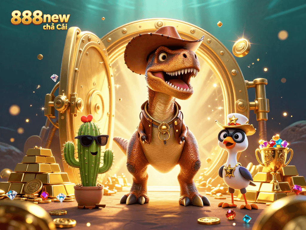 Engage with exciting gaming adventures at 888new nhà cái, featuring a T-Rex cowboy and treasure.