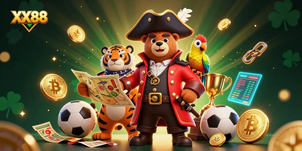Join the sports betting excitement with XX88 as dynamic characters and crypto elements merge in a vibrant casino scene.