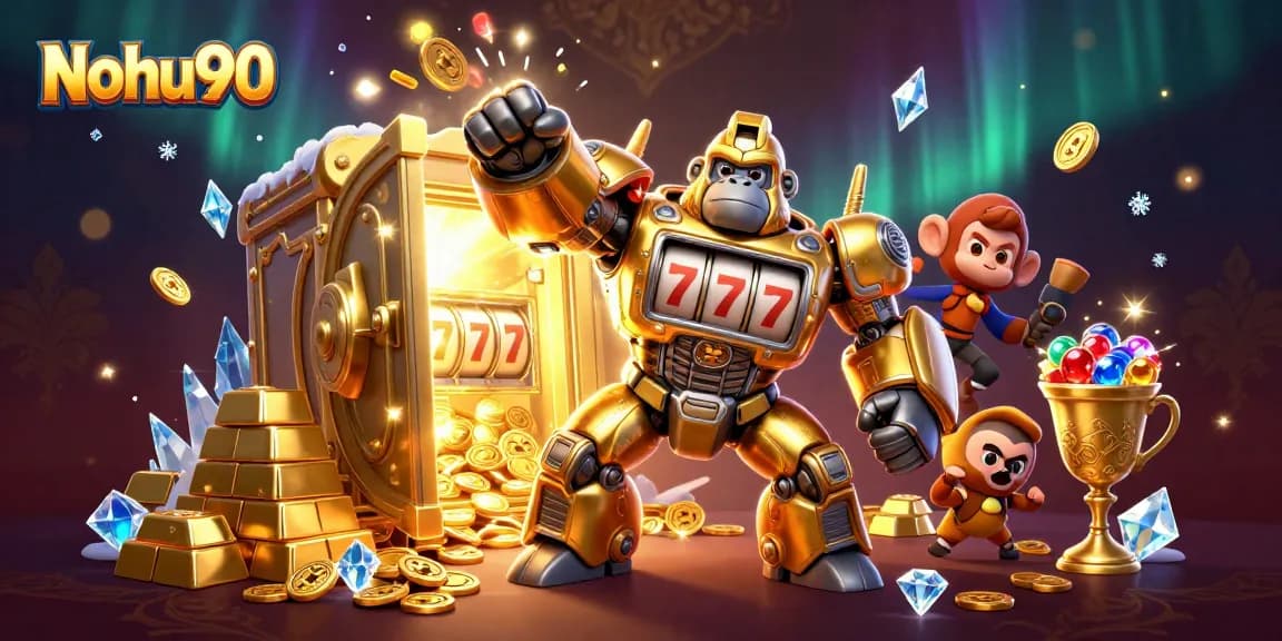 Nohu90's golden gorilla mech bursts with coins in a thrilling casino scene.