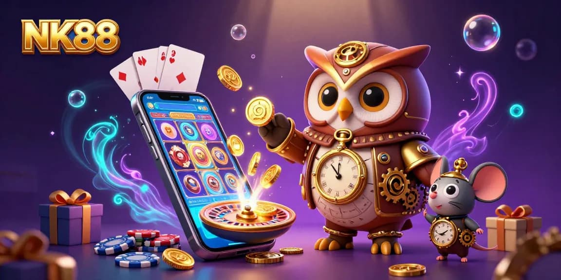 Experience the thrill of NK88 illustrated with a steampunk time-traveler owl and immersive casino elements.