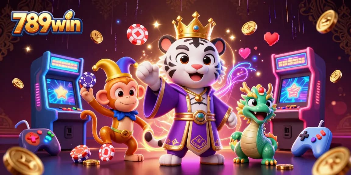 Engage in thrilling gameplay at 789win, featuring a majestic tiger, a playful monkey, and gaming excitement!