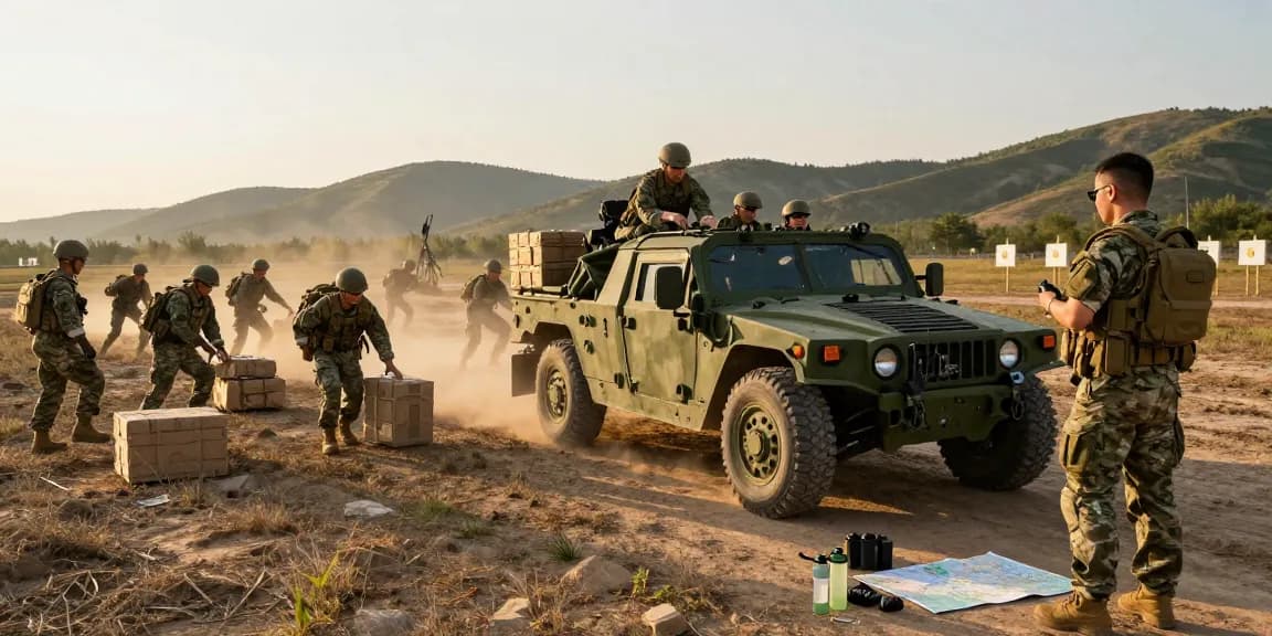 88m military scene with soldiers operating tactical vehicles and loading cargo at sunset.
