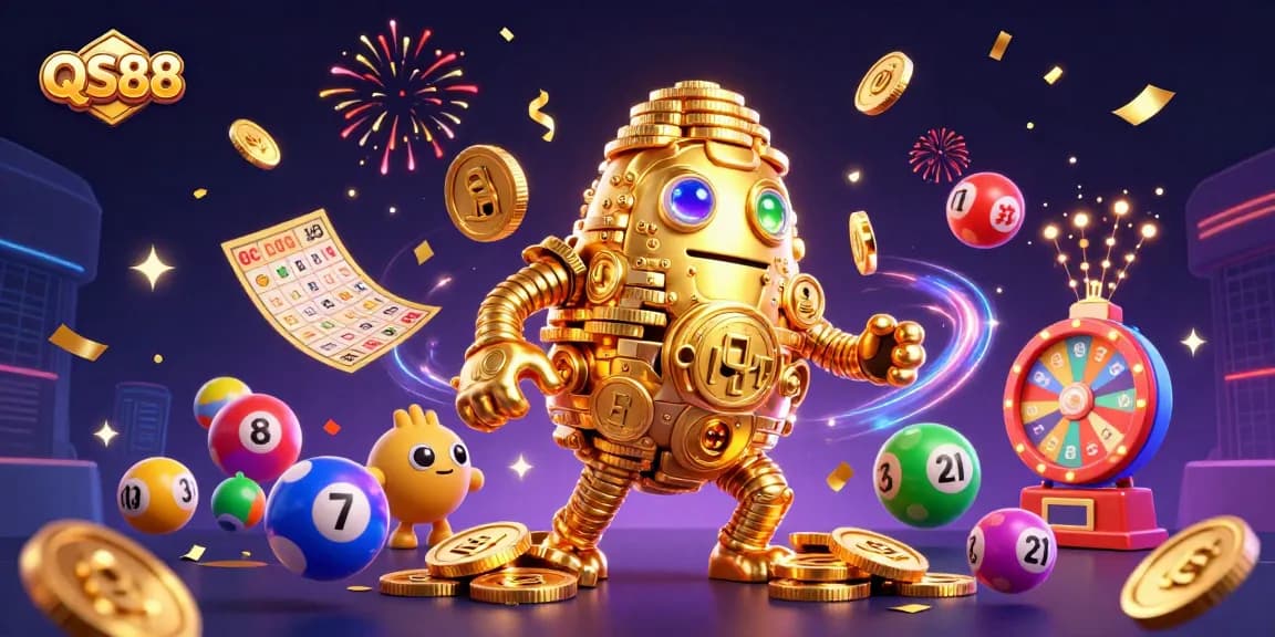 Play exciting games at QS88, surrounded by vibrant lottery elements, slot machine symbols, and festive confetti.