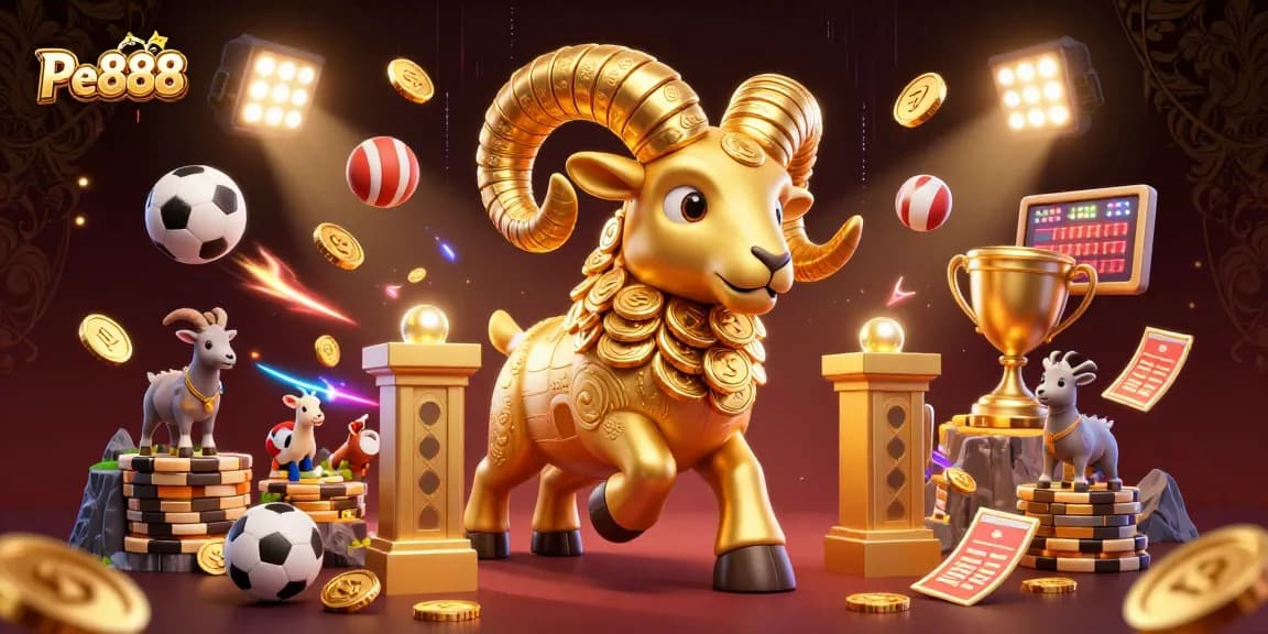 Pe888 offers an engaging gaming experience, featuring a golden ram charging amid dynamic sports elements.