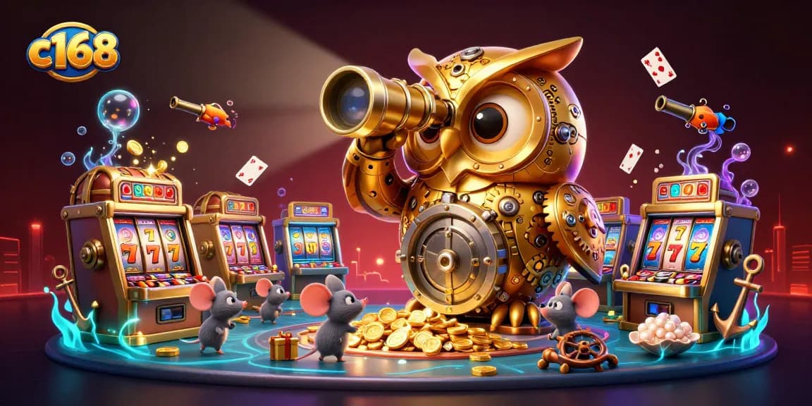 Engage in thrilling gameplay at c168 with a golden owl guardian and vibrant game elements.