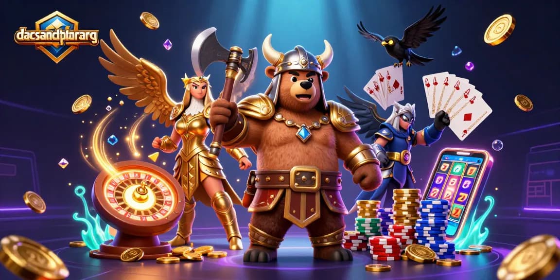 Engage in thrilling slots at dacsandatphanrang amidst cartoon Viking and Valkyrie characters.
