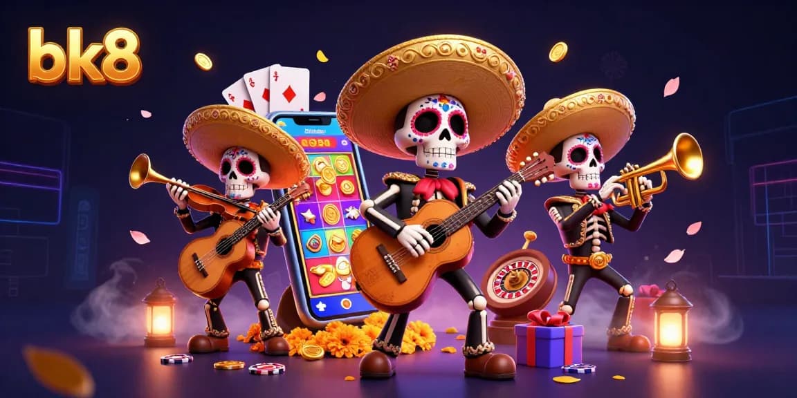 Experience vibrant gaming action at bk8 with engaging 3D illustrations of a mariachi band and exciting casino elements.