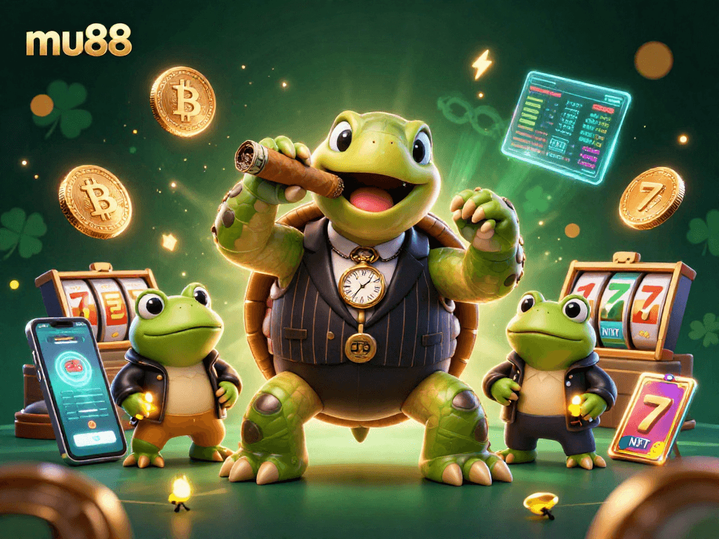 Experience dueling fortunes with mu88 in this vibrant 3D casino-themed illustration filled with rich characters and elements.