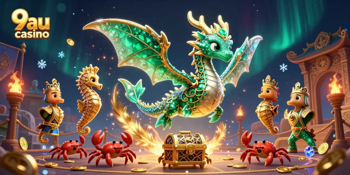 Experience the excitement of 9au casino with vibrant sea dragon graphics and dynamic gambling elements.