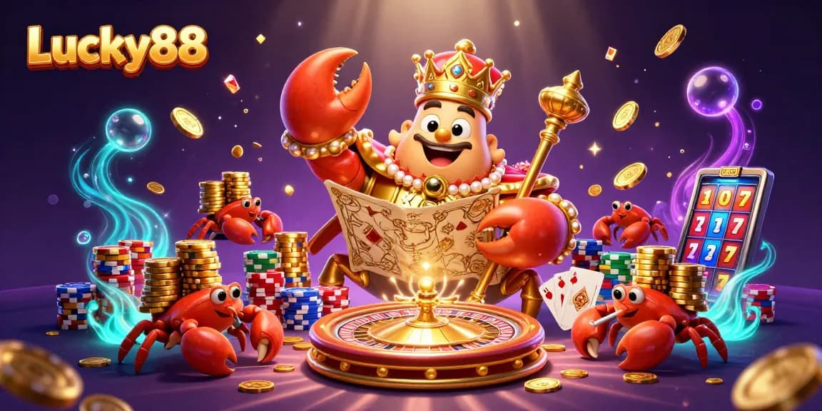 Engage with Lucky88, a vibrant scene featuring a crab emperor and treasure-filled gaming environment.