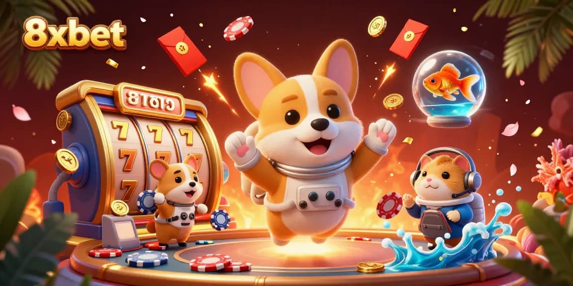 Experience 8xbet's exciting space casino adventure with floating slot reels and cosmic characters!