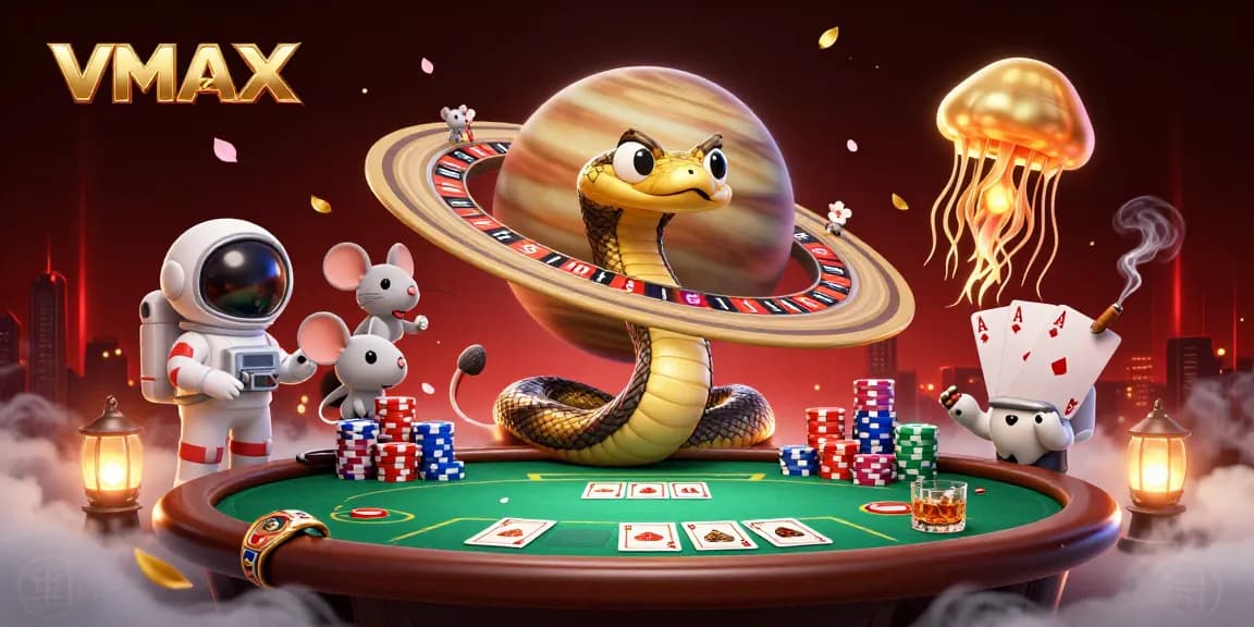Experience thrilling gaming with VMAX, featuring a cosmic roulette wheel and animated characters.