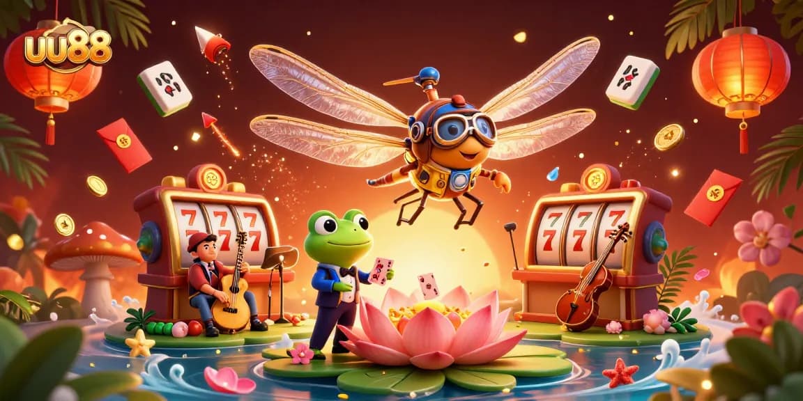 Engage with the dazzling world of uu88 casino gaming featuring a dragonfly pilot and frog croupier.