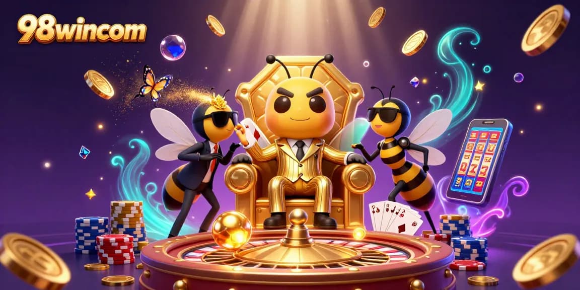 Engage with 98wincom's vibrant casino world featuring a bumblebee mob boss amidst dynamic gaming elements.