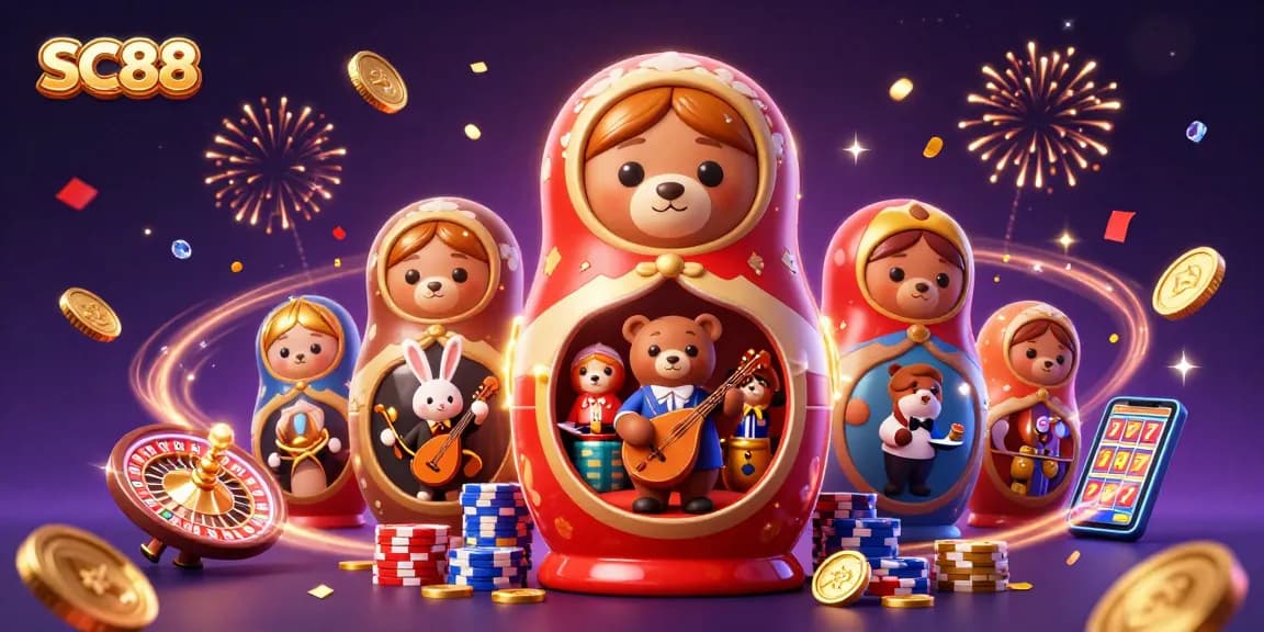 Experience the thrills of SC88 with a vibrant casino illustration featuring festive bears and iconic game elements.
