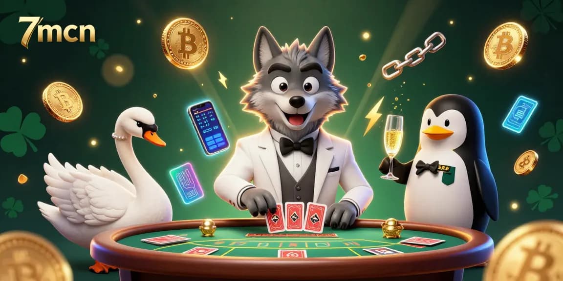 Engage with 7mcn's vibrant atmosphere featuring a debonair wolf at baccarat with crypto elements.