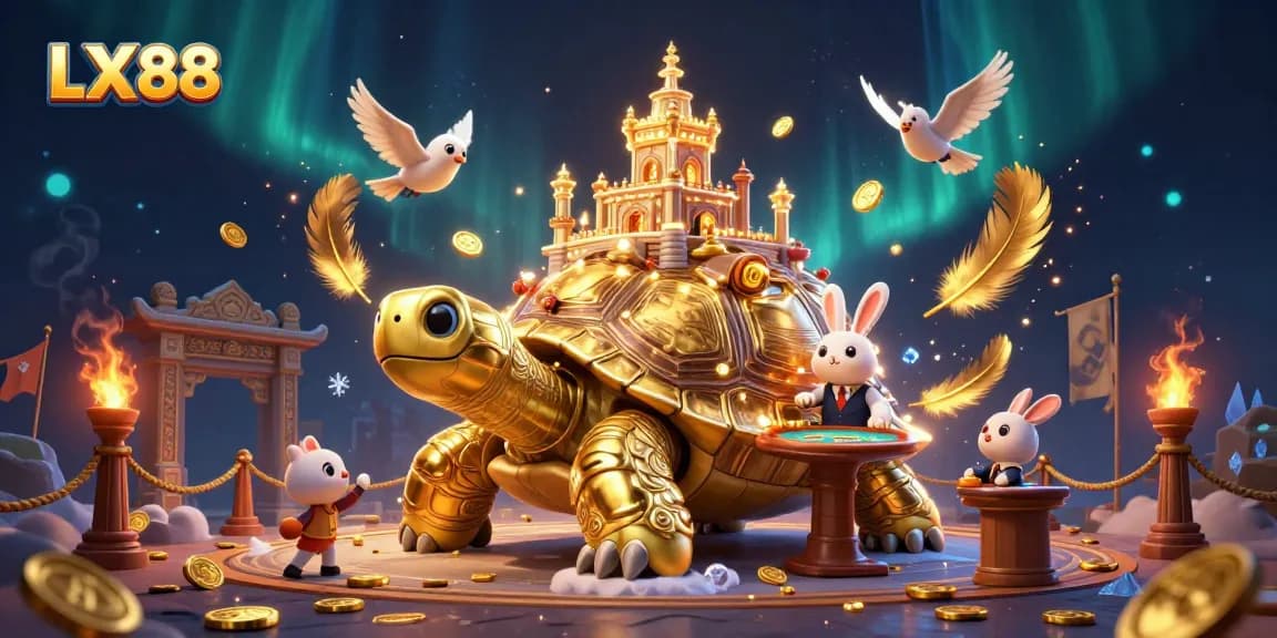 Experience the thrill of LX 88 with a lively casino scene featuring a giant tortoise and vibrant game elements.
