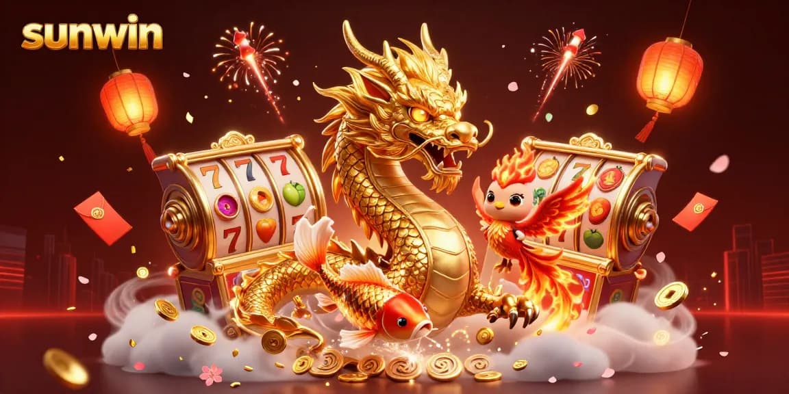 Win big with sunwin at this vibrant online casino illustration featuring dynamic dragons and rich elements.