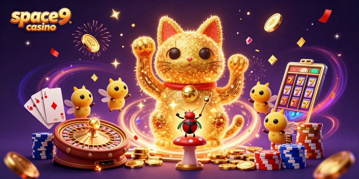 Experience the excitement of space9 casino with golden fireflies and dynamic gaming symbols.