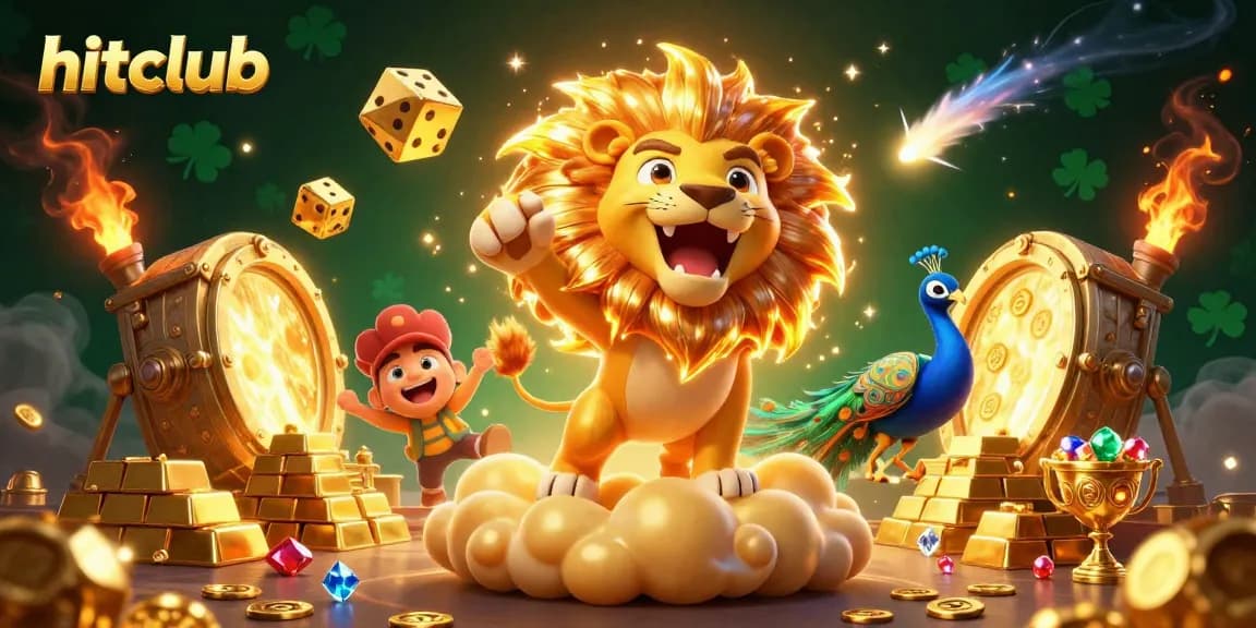 Experience excitement at hitclub with a roaring sun lion and golden treasures in a vibrant casino scene