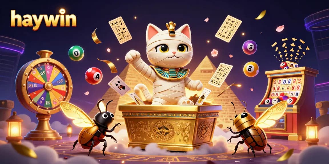 Experience the excitement of haywin with a lively mummy cat and vibrant lottery elements in a dynamic casino scene.