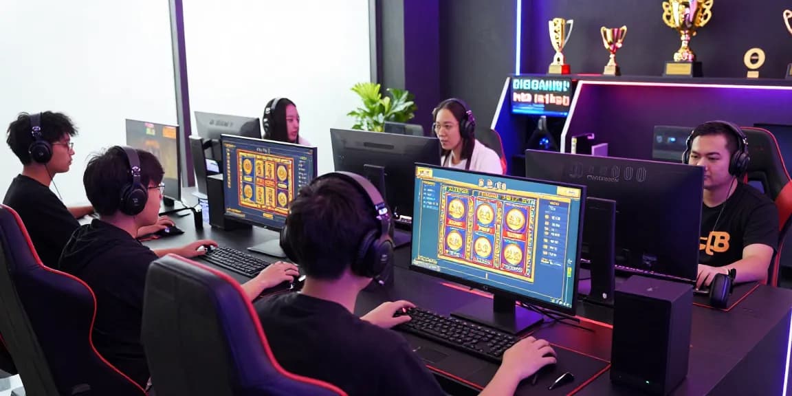 Permainan megawin88 online dengan pemain bersemangat, layar slot dan togel yang menarik, suasana energik.