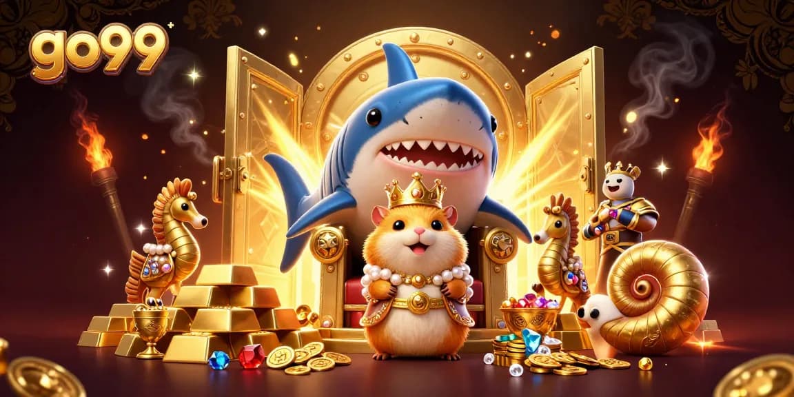 Engage in thrilling action with go99's golden rewards surrounded by gems and treasures.