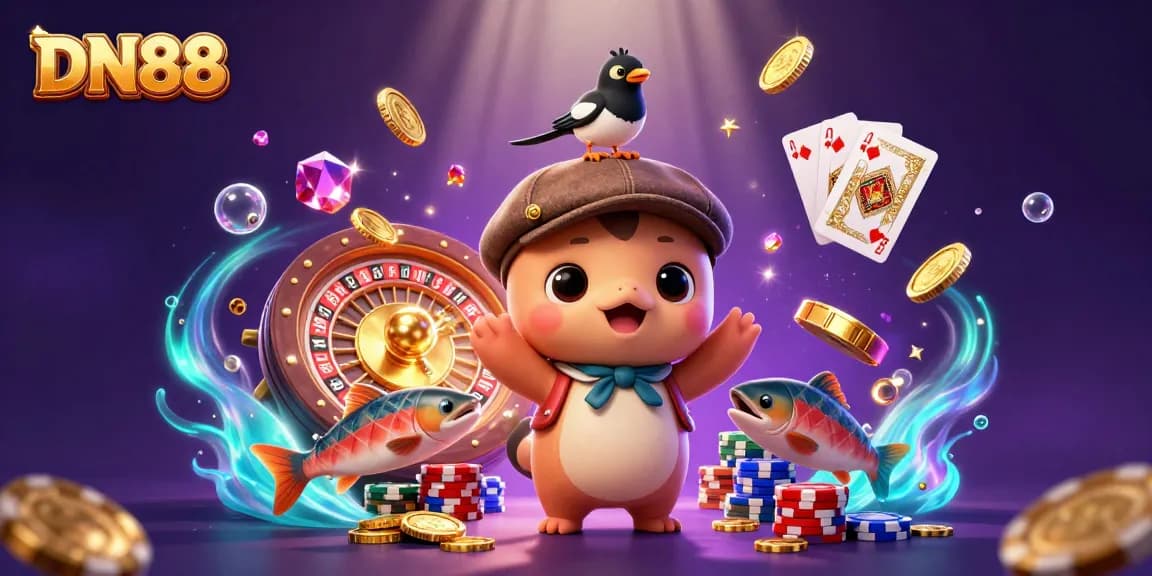 Experience thrilling gameplay at DN88 as vibrant characters celebrate winning with sparkling coins.