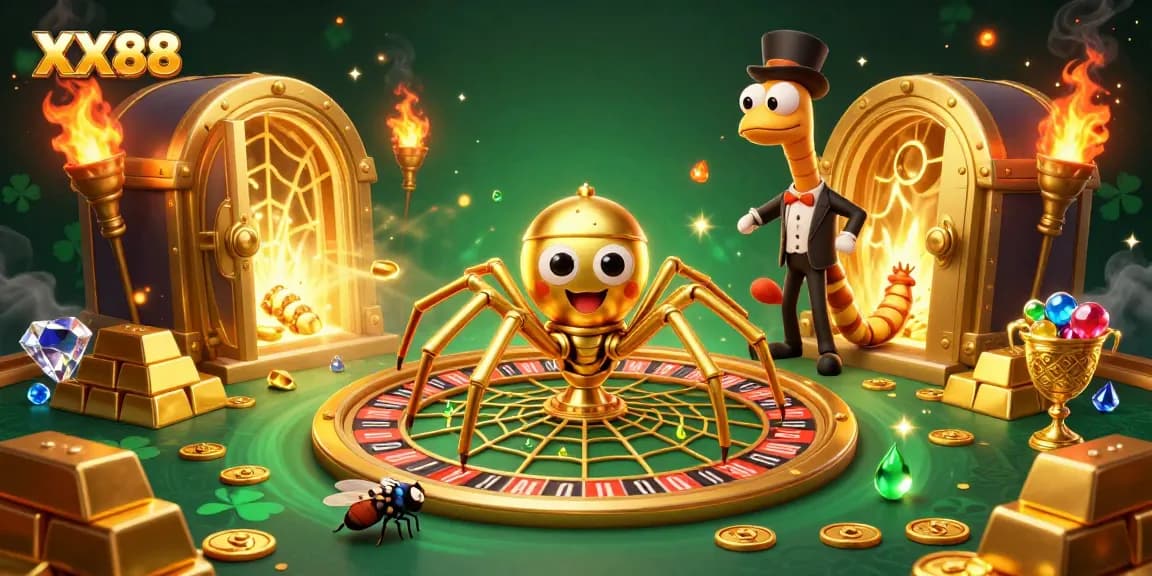 Engage with the thrilling world of XX88 as a golden spider spins a roulette wheel, captivating players.