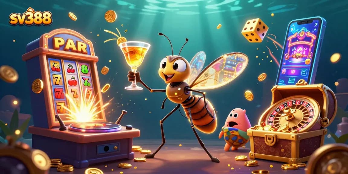 Experience thrilling sv388 gaming with dynamic casino elements and mascots in vibrant illustration.