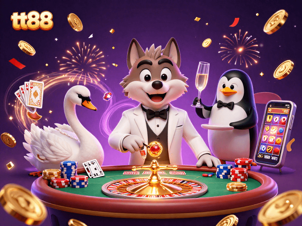 tt88 casino illustration featuring a wolf, swan, and penguin amidst stunning gaming elements.