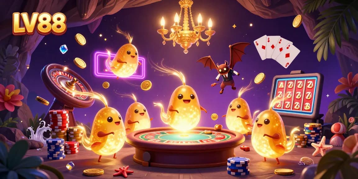 Experience excitement at LV88 with a glowworm-lit cave casino illustration featuring vibrant gaming elements.