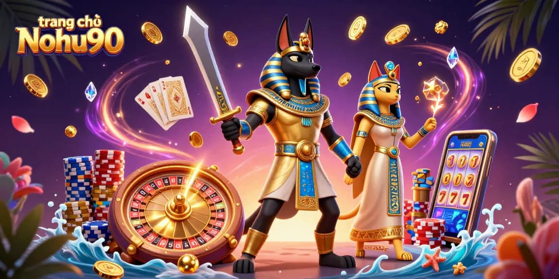 Experience the excitement of trang chủ Nohu90 with ancient warriors, casino games, and vibrant treasures.